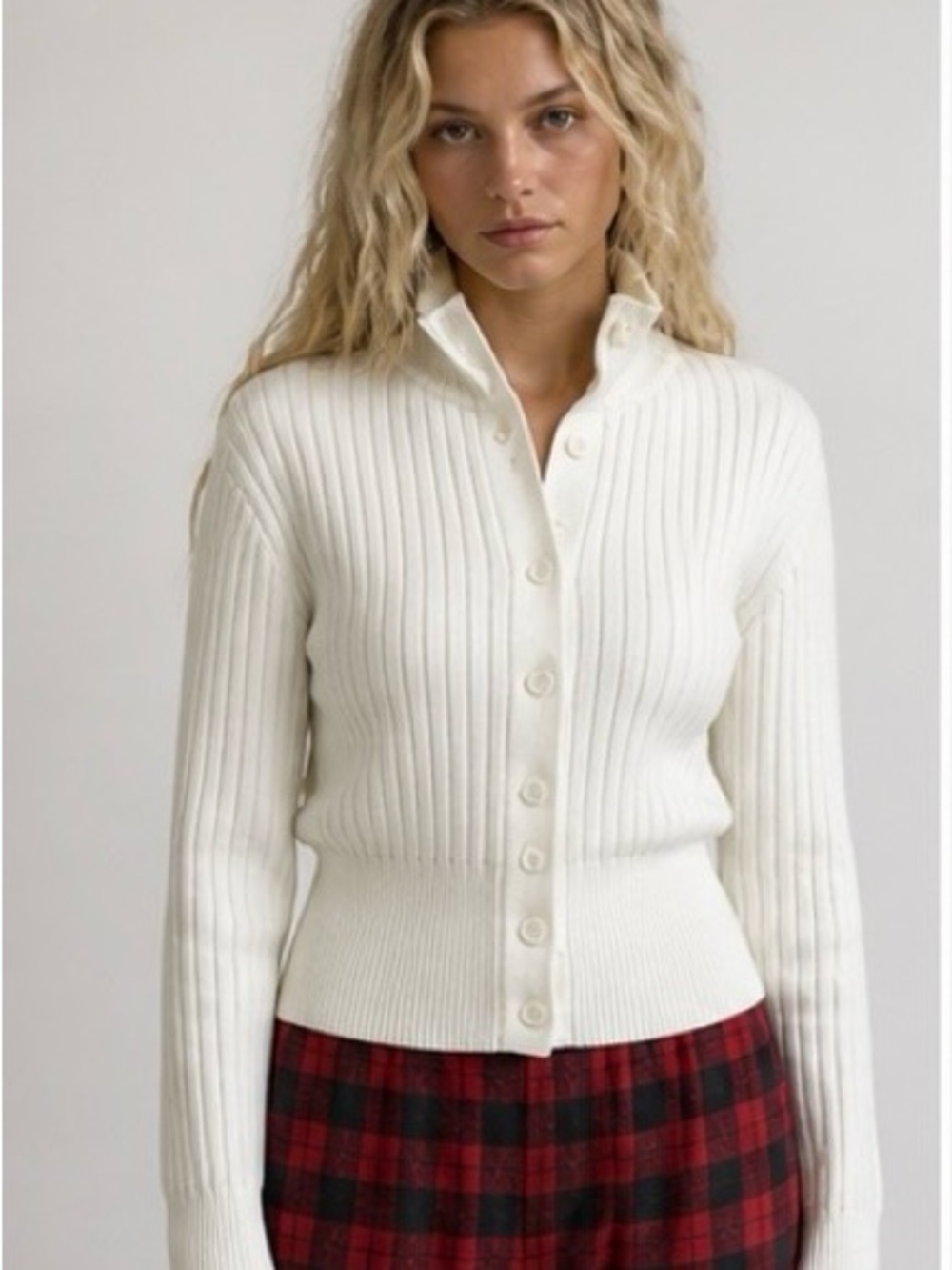 Aritzia Ivory Ribbed Button-Up Cardigan